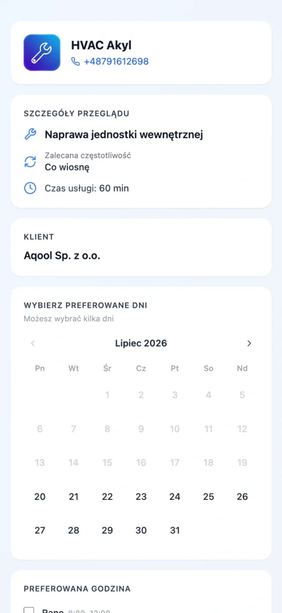 Strona rezerwacji przeglądu — widok na telefonie